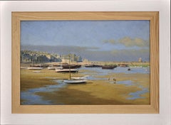 Antique St Ives Harbor at Low Tide. Smeaton’s Pier. Edwardian Cornwall. Original Oil.