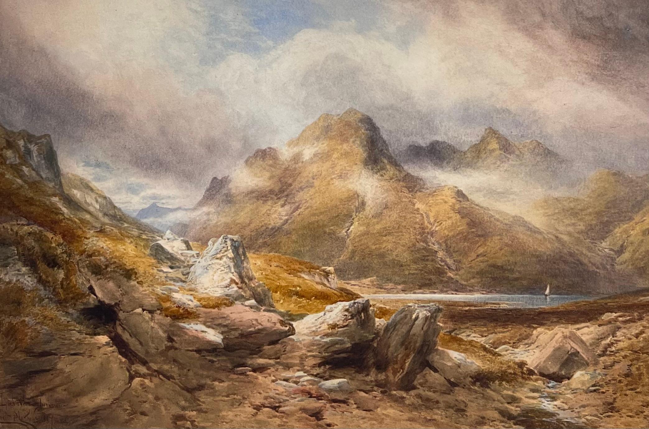 Huge 19th Century Scottish Watercolor Painting Loch Ness Scotland Highland View - Brown Landscape Painting by Edward Matthews