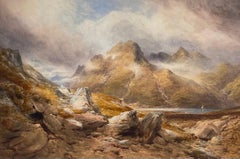 Enorme acquerello scozzese del XIX secolo che dipinge Loch Ness, Scozia, vista sulle Highlands