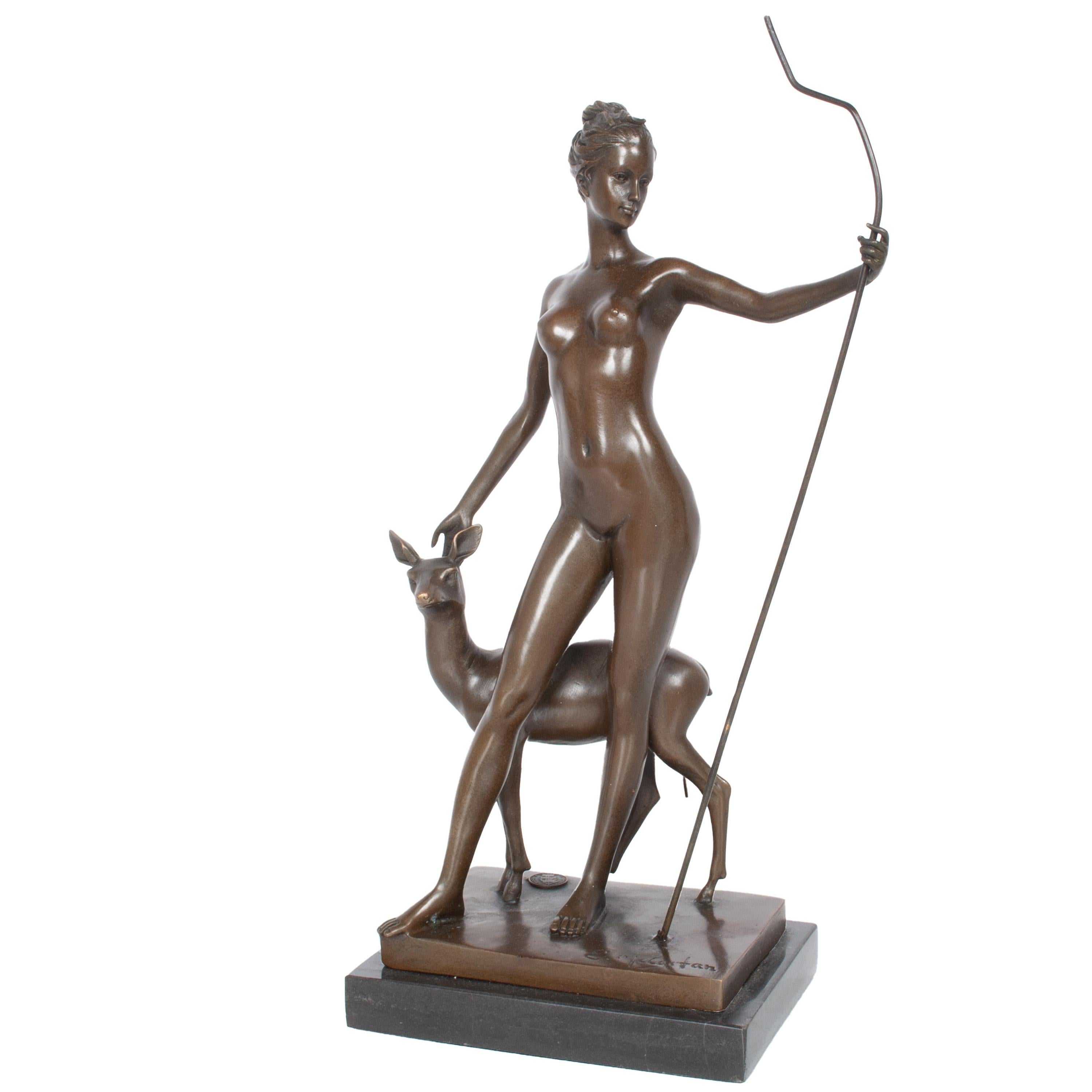 Antique American Art Deco Bronze Sculpture Statue of Diana French Foundry Stamp 9