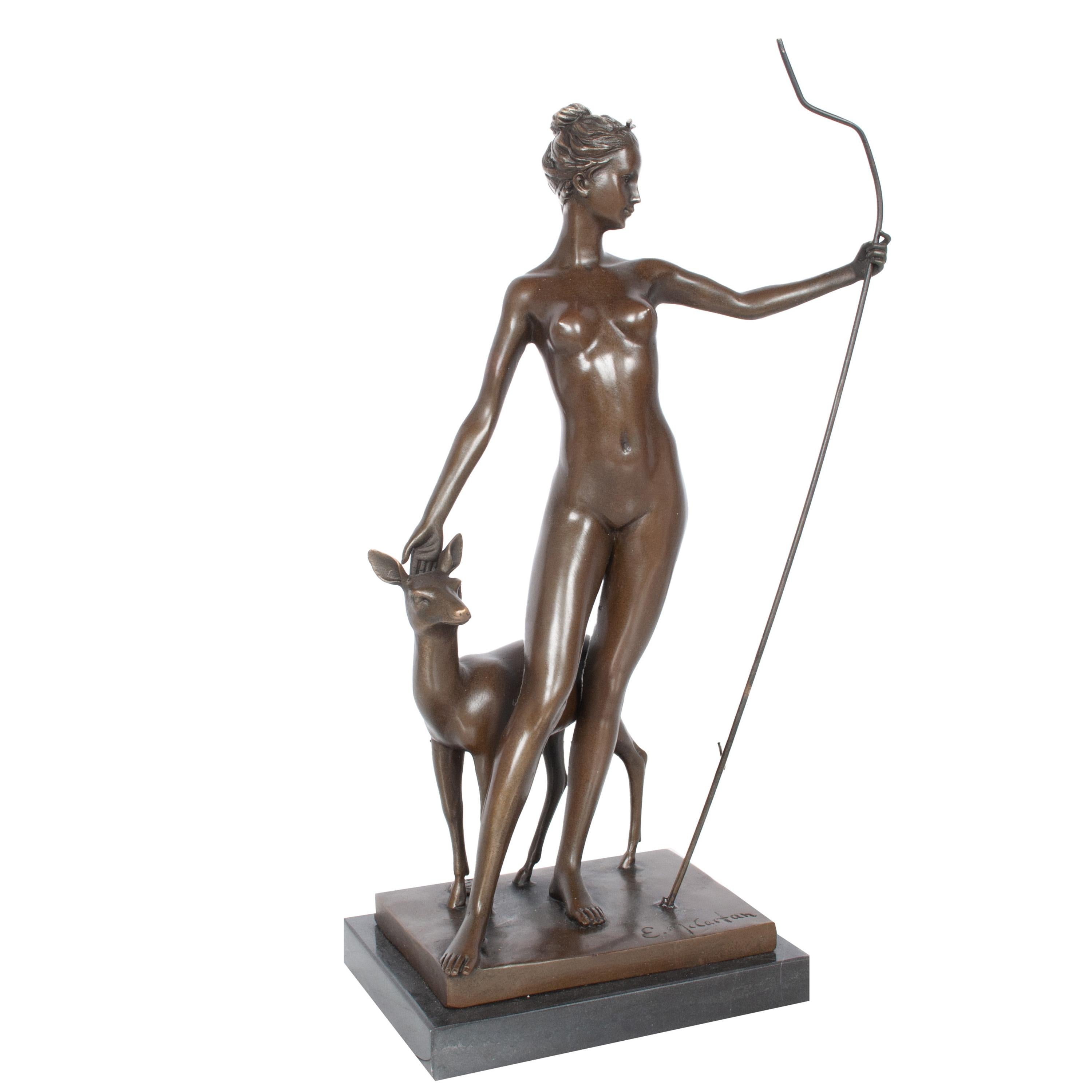Antique American Art Deco Bronze Sculpture Statue of Diana French Foundry Stamp - Gold Figurative Sculpture by Edward McCartan