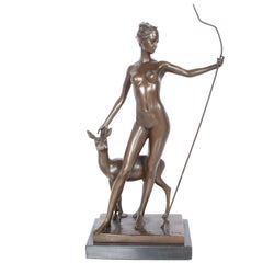 Antique American Art Deco Bronze Sculpture Statue of Diana French Foundry Stamp
