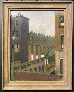 Notting Hill Gate Station from the Road, 20th Century Oil Painting