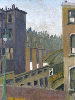 Antique Notting Hill Gate Station from the Road, 20th Century Oil Painting