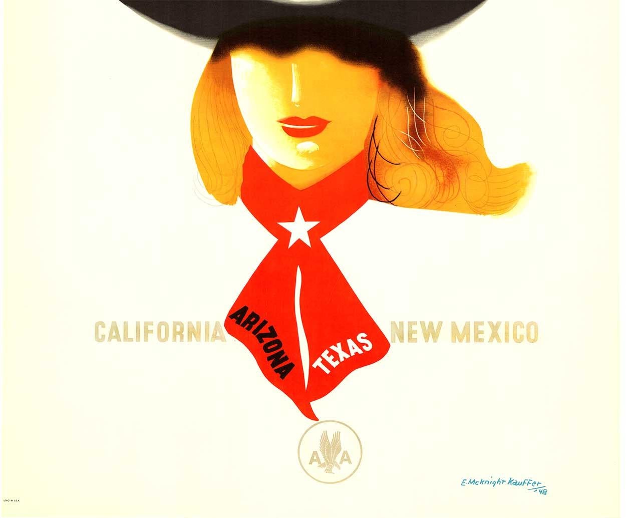 
Original American Airlines - California, Arizona, Texas, New Mexico by &New Kauffer, 1948 vintage poster.   Dos en lin d'archivage de grade A, excellent état.   Pas de perte de papier ni de restauration.

La signature artistique de Kauffer
