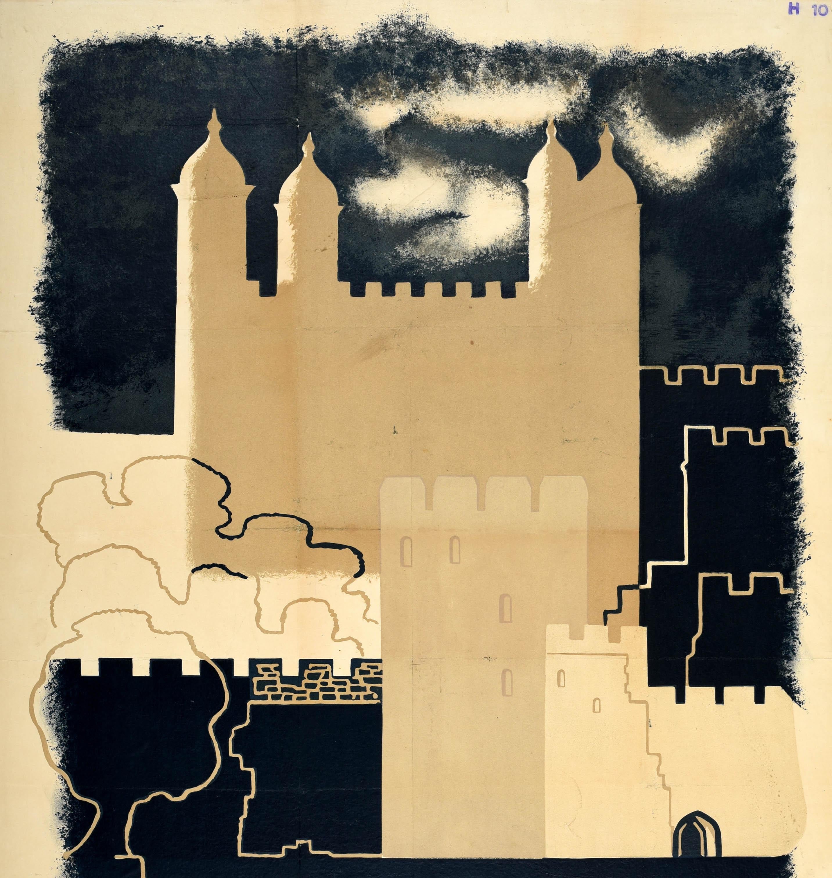 Poster vintage originale della metropolitana di Londra - La Torre di Londra - disegnato da uno dei più rinomati cartellonisti del XX secolo Edward McKnight Kauffer (1890-1954) con una veduta stilizzata dello storico castello con le sue torri