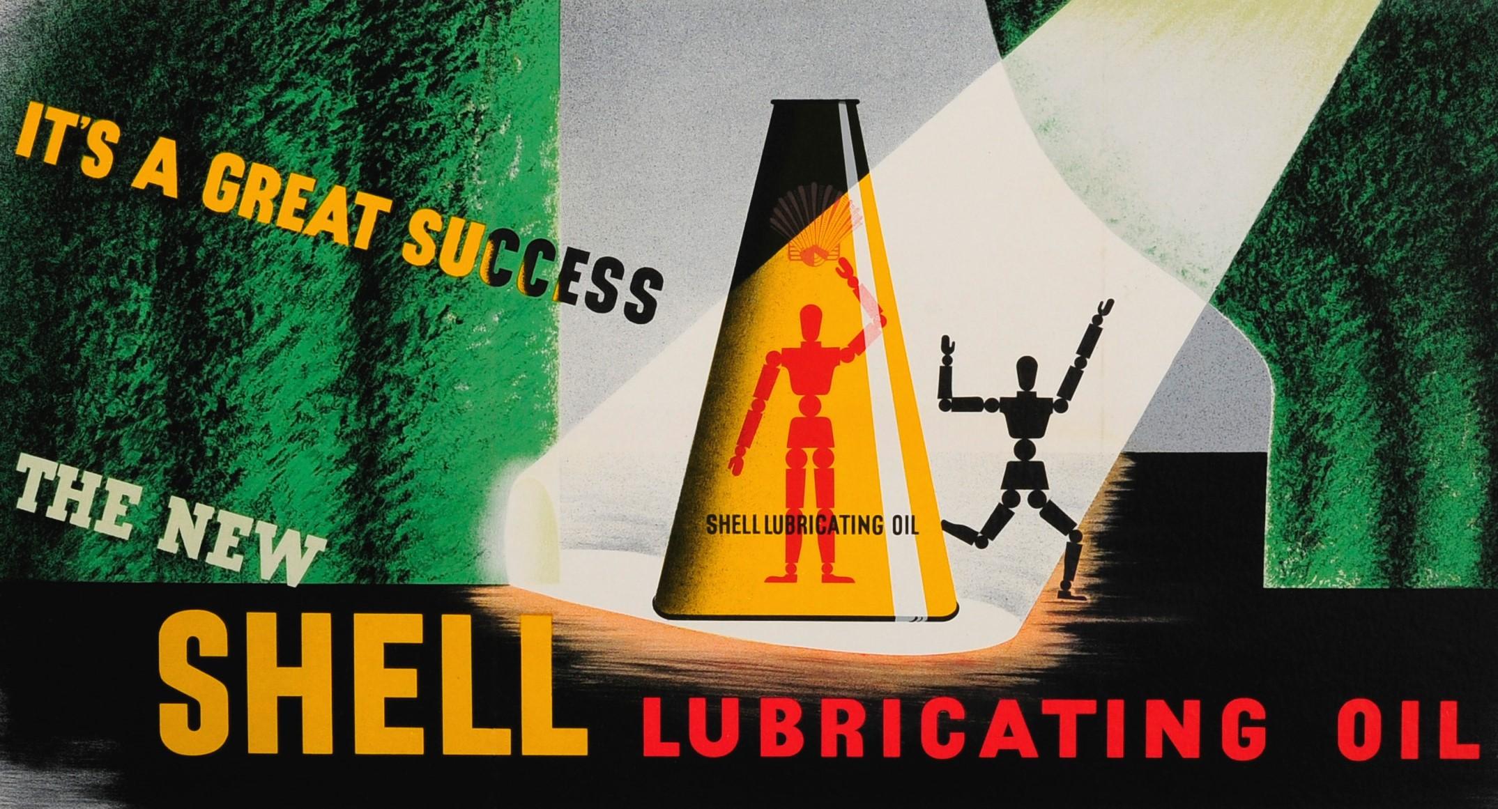 Cartel publicitario original de época para El Nuevo Aceite Lubricante Shell Es Un Gran Éxito - con un divertido diseño del notable artista Edward McKnight Kauffer (1890-1954) de una silueta del maniquí del artista en la parte frontal de la lata de