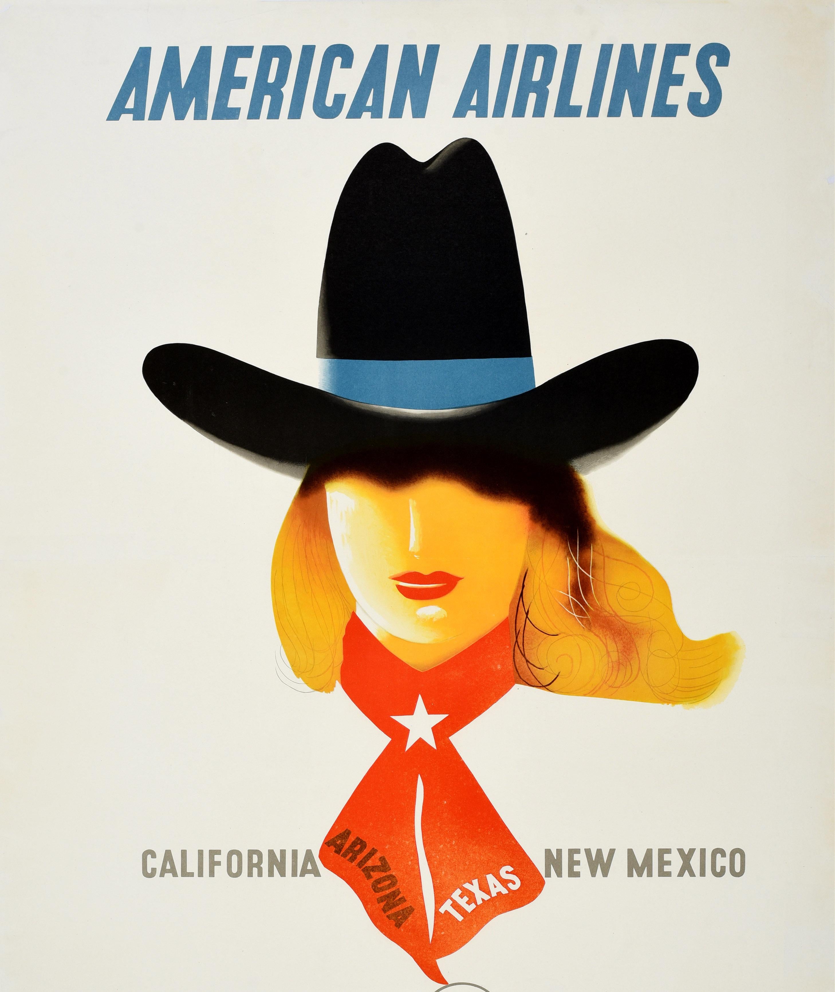 Original vintage travel poster advertising American Airlines flights to California Arizona Texas New Mexico featuring a colourful stylised design by one of the most renowned poster artists of the 20th century Edward McKnight Kauffer (1890-1954),