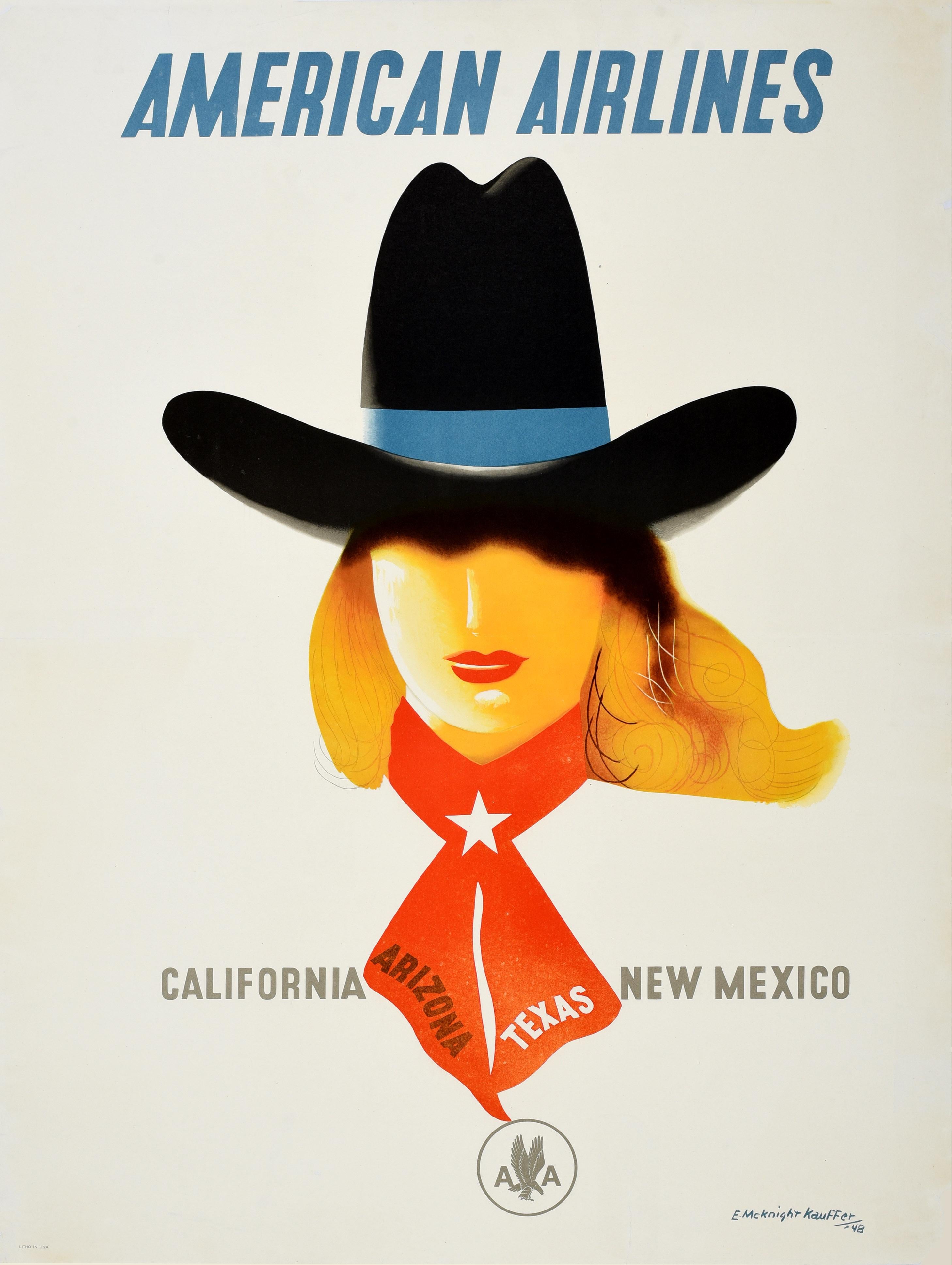 Edward McKnight Kauffer Print - Original Vintage Travel Poster American Airlines California New Mexico Cowgirl