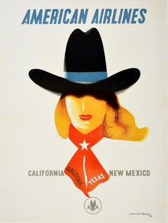 Affiche de voyage originale vintage American Airlines, Californie, Nouveau-Mexique, Cowgirl