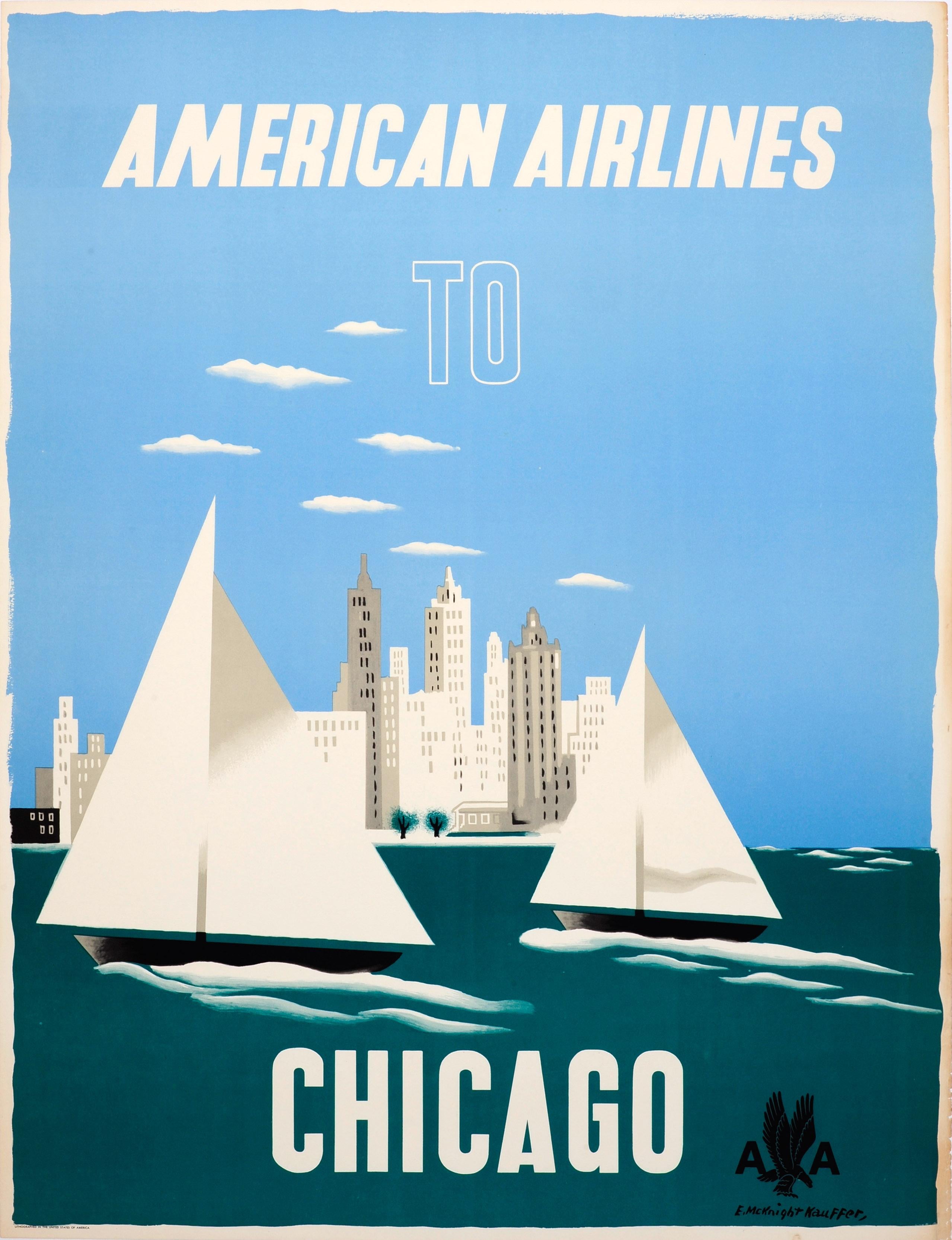 Edward McKnight Kauffer Print - Original Vintage Travel Poster American Airlines To Chicago Ft Sailing City View