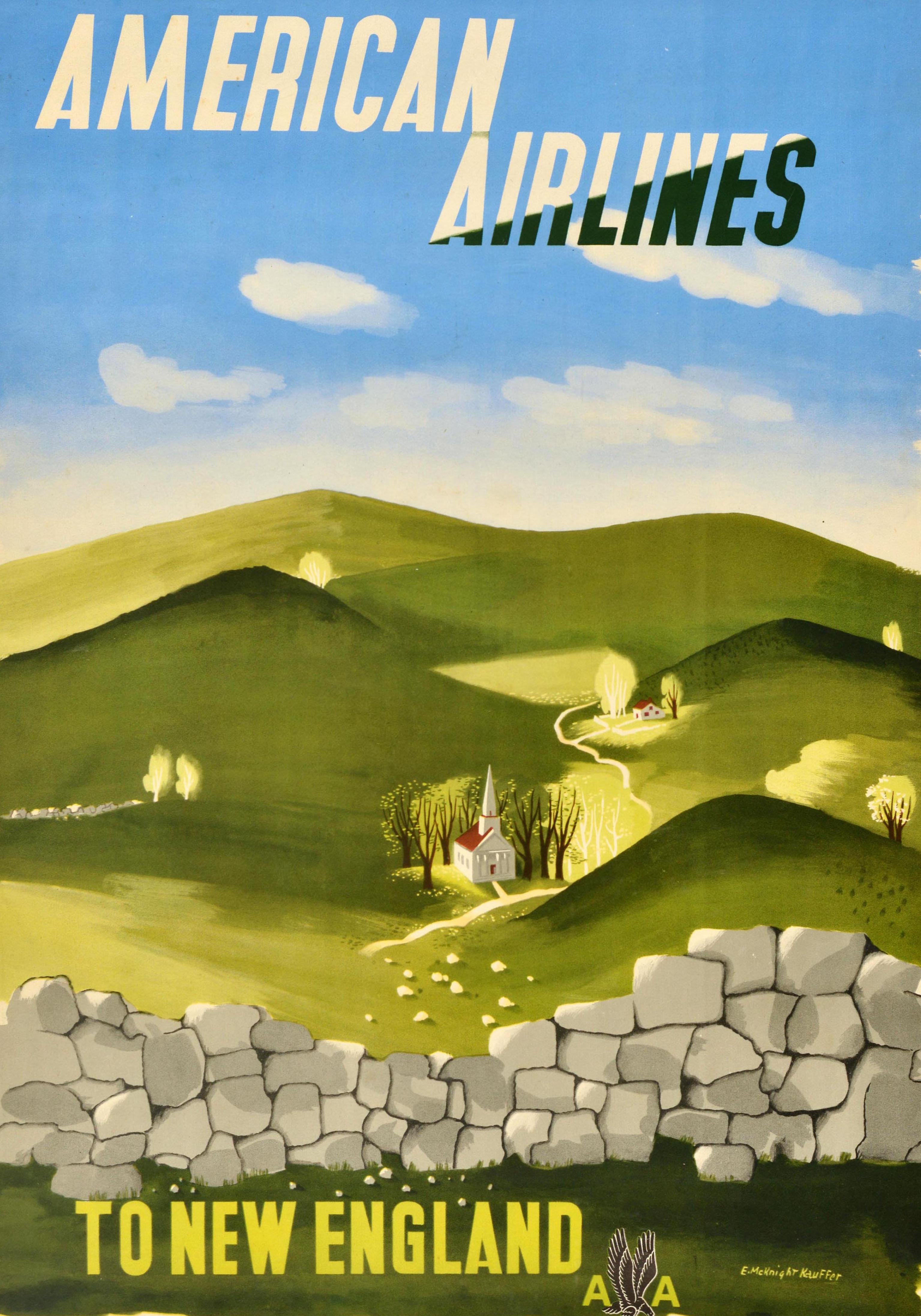 Cartel de viaje original de época American Airlines a Nueva Inglaterra McKnight Kauffer - Print de Edward McKnight Kauffer