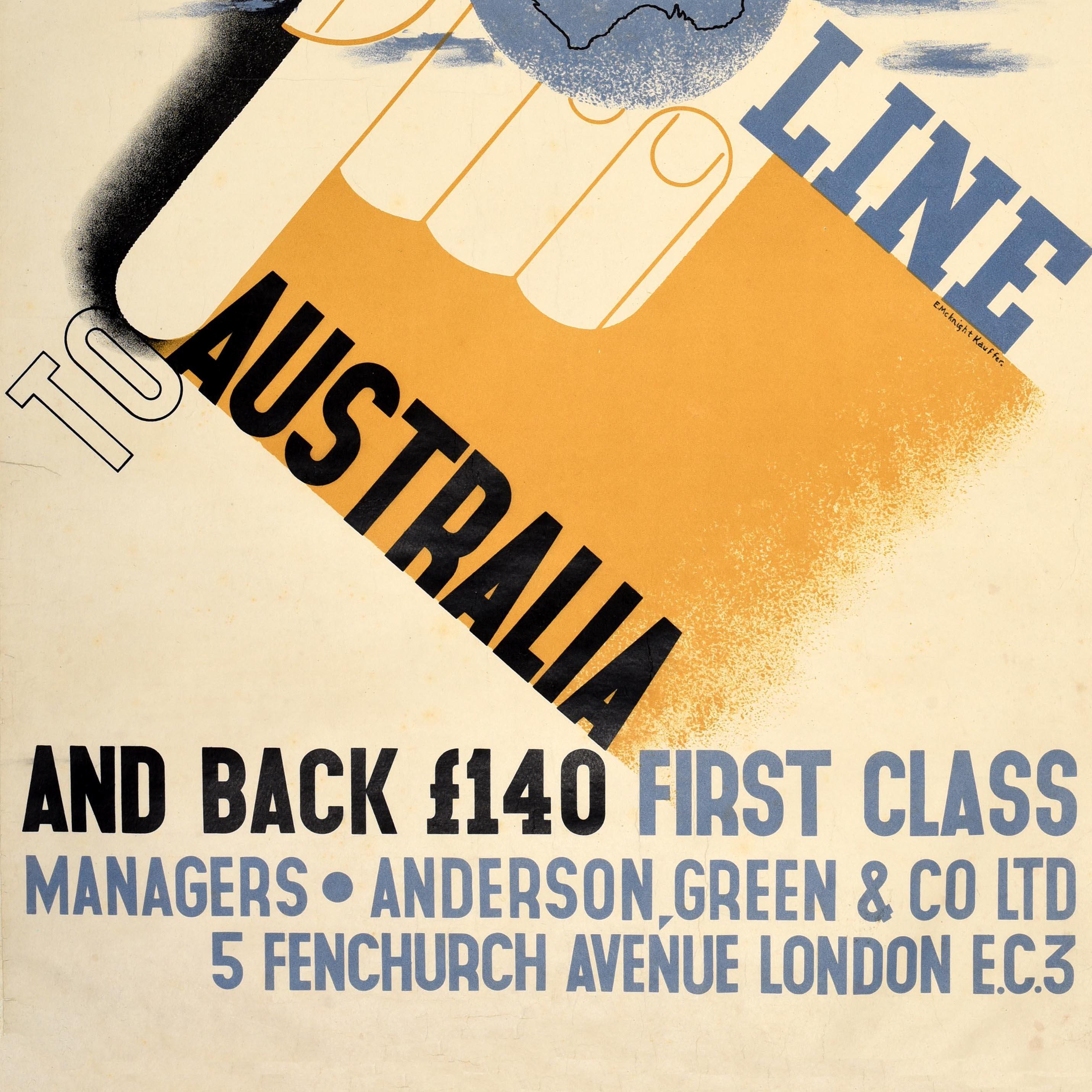 Original Vintage-Reiseplakat - Orient Line to Australia - mit einem großartigen Entwurf von einem der bekanntesten Plakatkünstler des 20. Jahrhunderts Edward McKnight Kauffer (1890-1954), der den Titeltext diagonal durch eine Hand zeigt, die einen