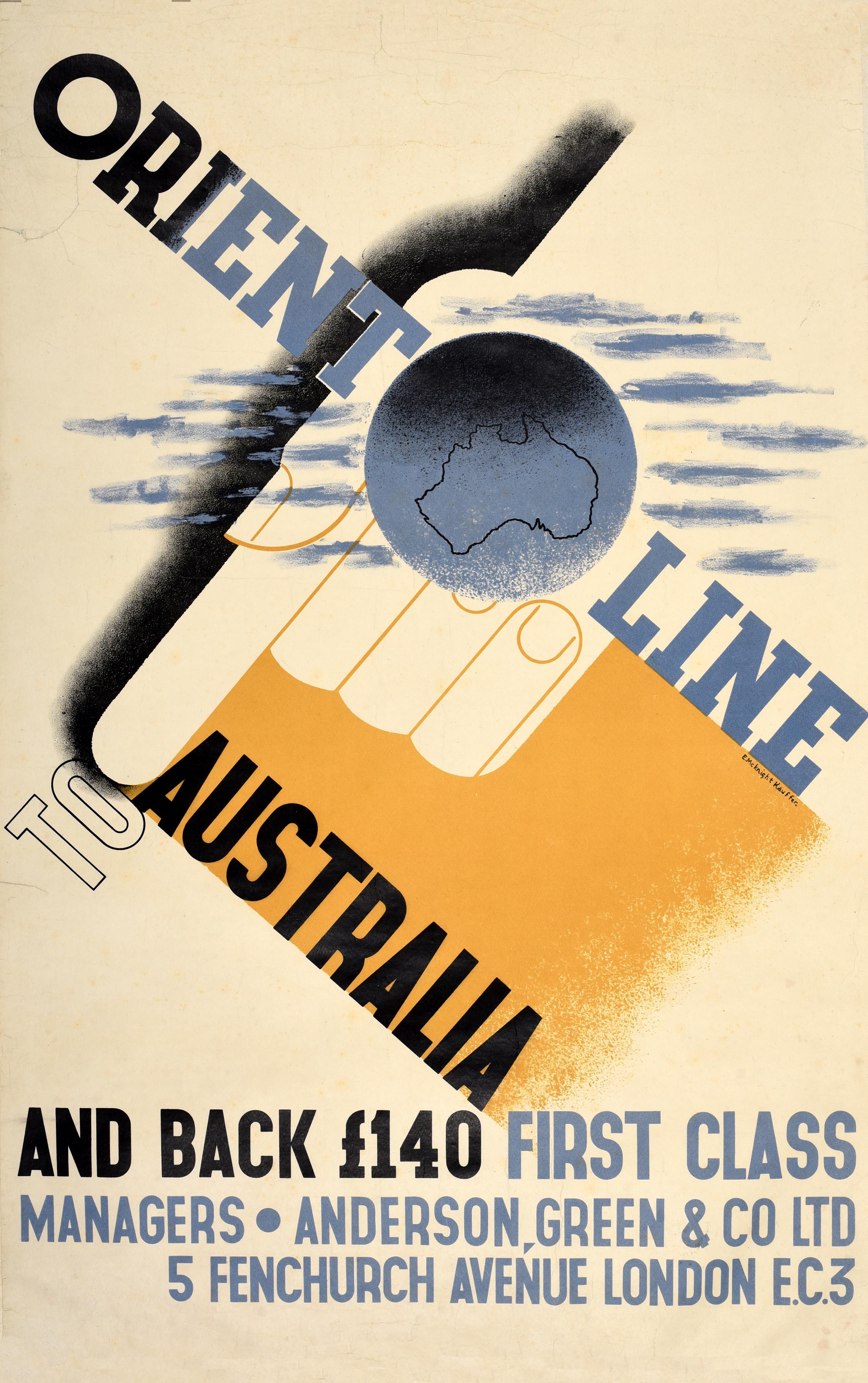 Edward McKnight Kauffer Print – Original Vintage-Reiseplakat Orient Line, Australien, McKnight Kauffer, Art déco, Art déco