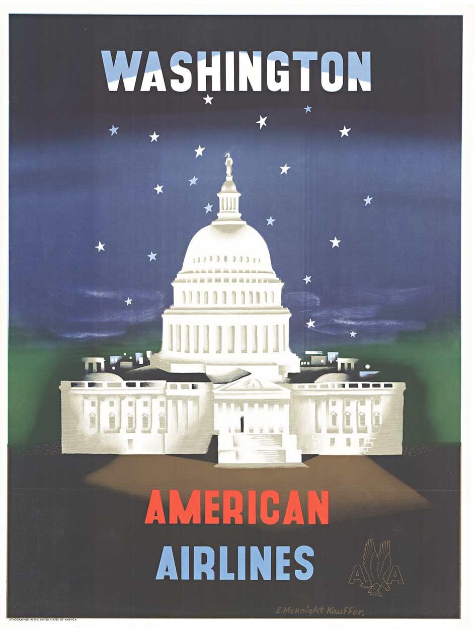 Origine Washington D.C. Affiche de voyage vintage d'American Airlines  Midcentury 