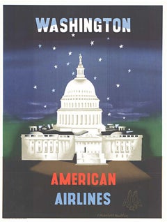 Original Washington D.A. Cartel de viaje vintage de American Airlines  Mediados de siglo