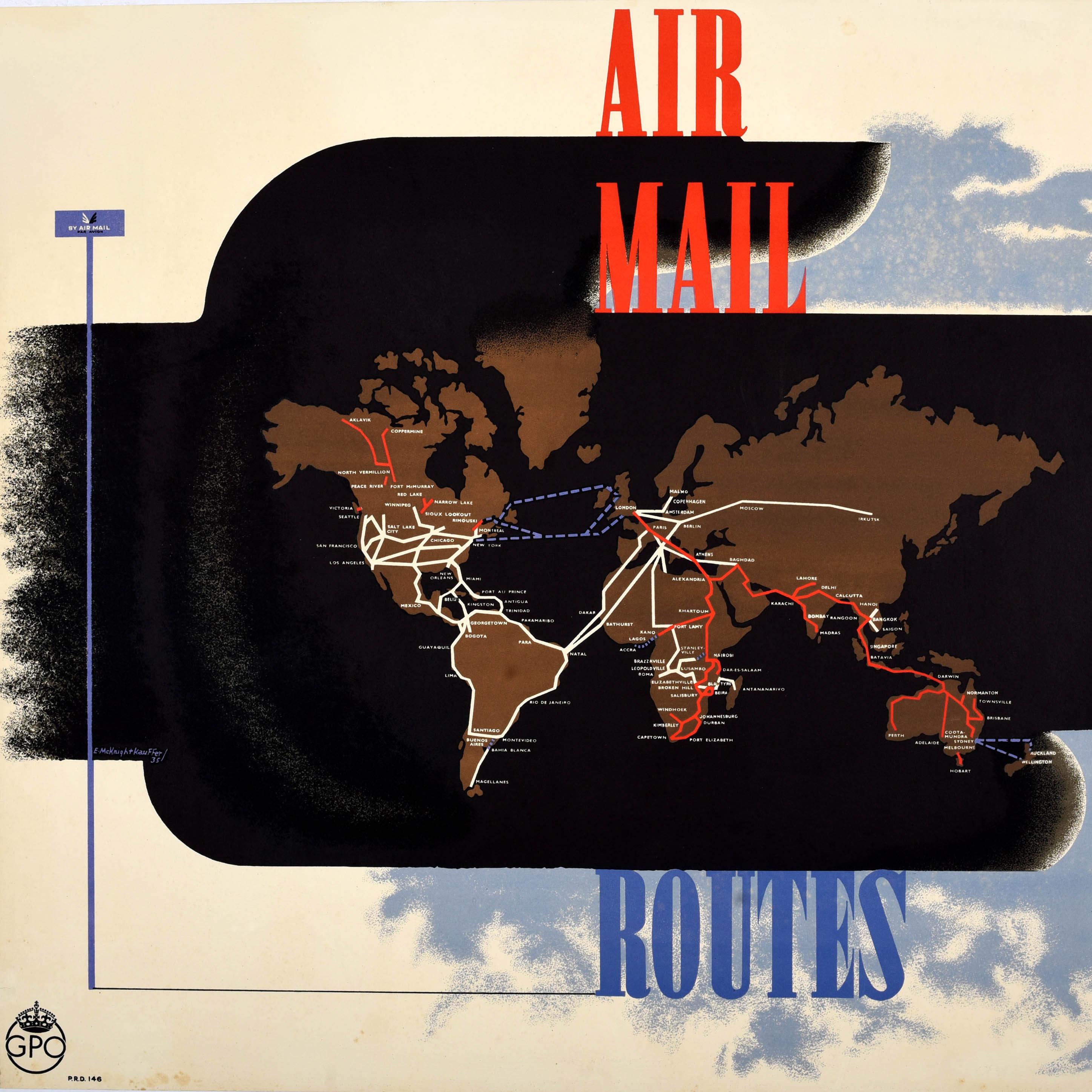 Rare original vintage advertising poster for the GPO General Post Office - Air Mail Routes - featuring a great design by the notable artist Edward McKnight Kauffer (1890-1954) showing the worldwide air mail routes in red, white and blue connecting