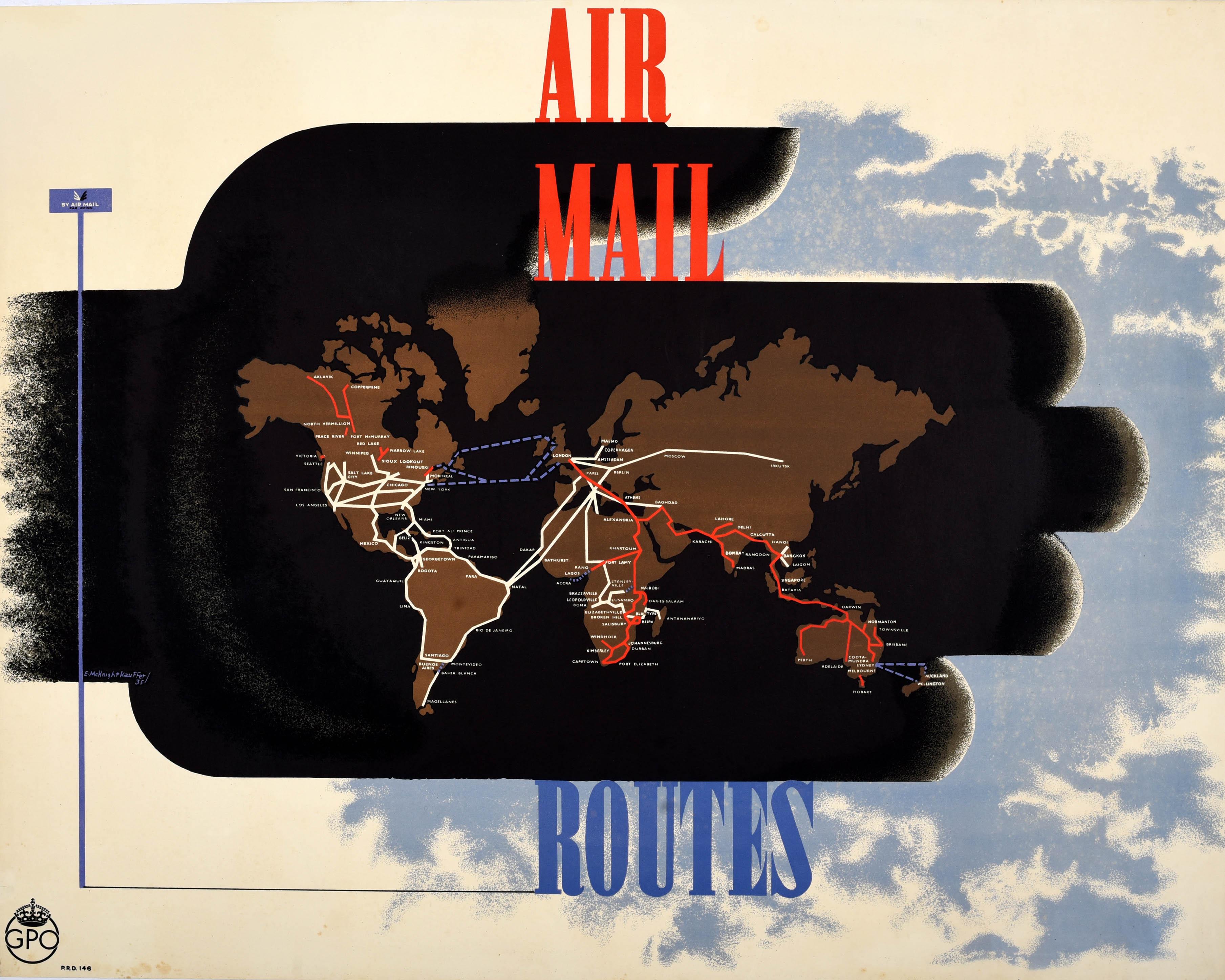Edward McKnight Kauffer Print - Rare Original Vintage Advertising Poster Air Mail Routes GPO Mcknight Kauffer