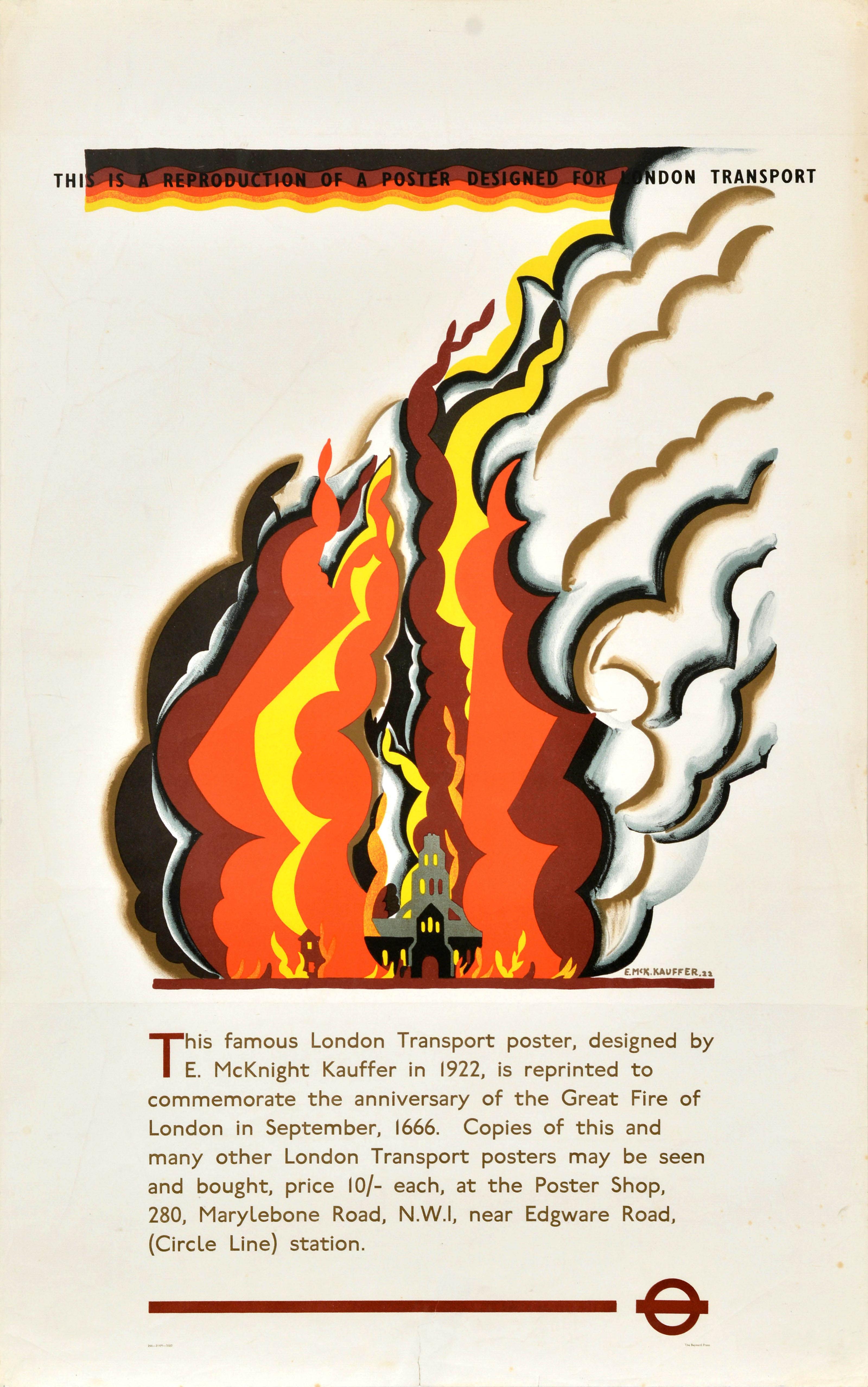 Edward McKnight Kauffer Print – Vintage offizielles Reproduktionsplakat „Great Fire Of London Transport Kauffer“, Vintage