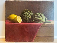 "Carciofi" pittura ad olio realista di ortaggi primaverili e limoni su tela rossa