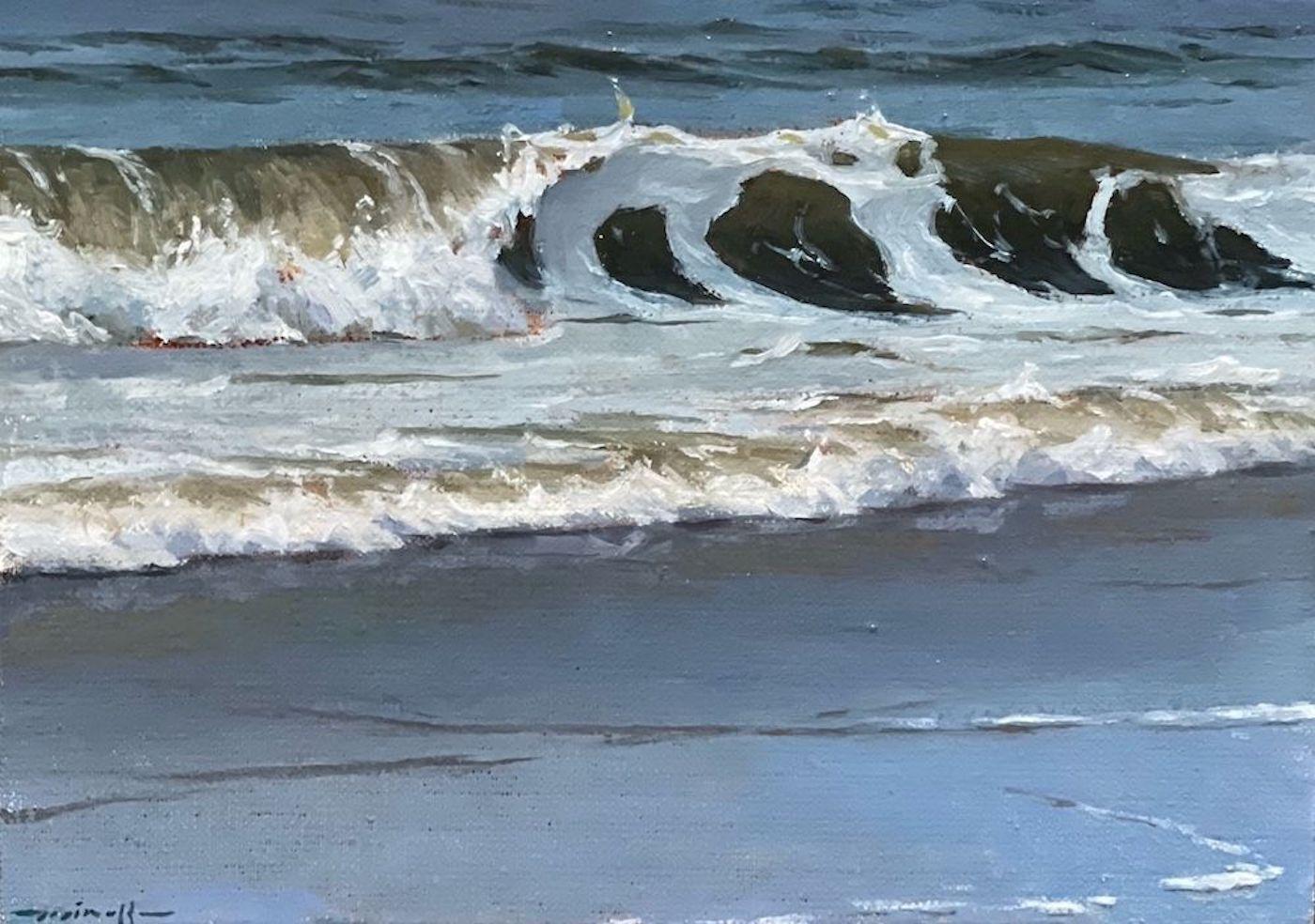 "Crisp No. 2" small contemporary hyperrealist oil painting of ocean on beach - Painting by Edward Minoff