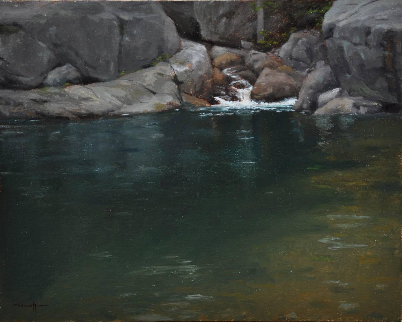 "Emerald Pool" Realist waterfall oil painting, blue and green hues - Art by Edward Minoff