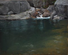 "Emerald Pool" Realist waterfall oil painting, blue and green hues