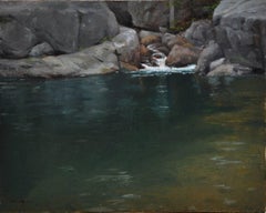 „Emerald Pool“ Realistisches Wasserfall-Ölgemälde in Blau- und Grüntönen