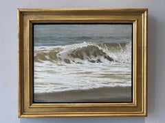 "Lifting Fog", pittura ad olio realista con paesaggio marino dell'Oceano Atlantico che si infrange sulle onde