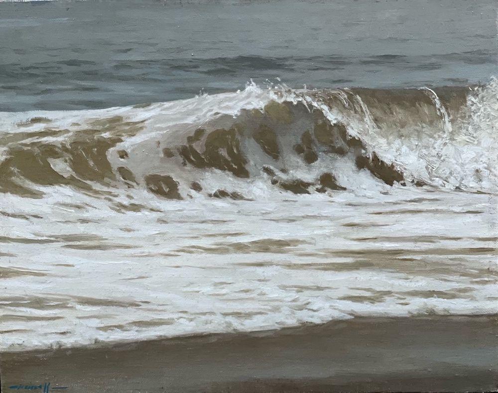 "Lifting Fog" realist oil painting seascape of Atlantic Ocean crashing waves