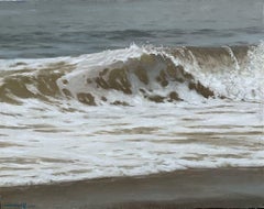 "Lifting Fog" peinture à l'huile réaliste paysage marin de l'Océan Atlantique vagues déferlantes.