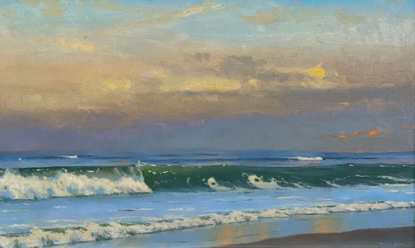 „Northerastern Sunset“ helles hyperrealistisches, reflektierendes Ölgemälde mit Meereslandschaft