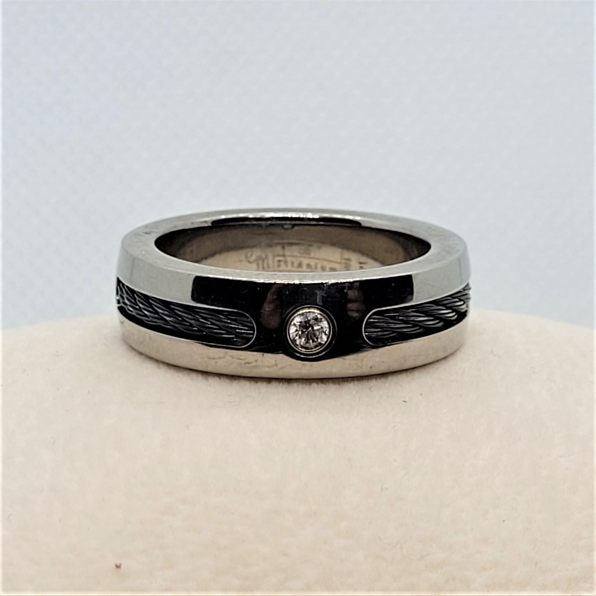 18kt Gelbgold Herrenband mit 0,05ct Diamant-Lünette aus Titan und schwarzem Seil (Moderne)