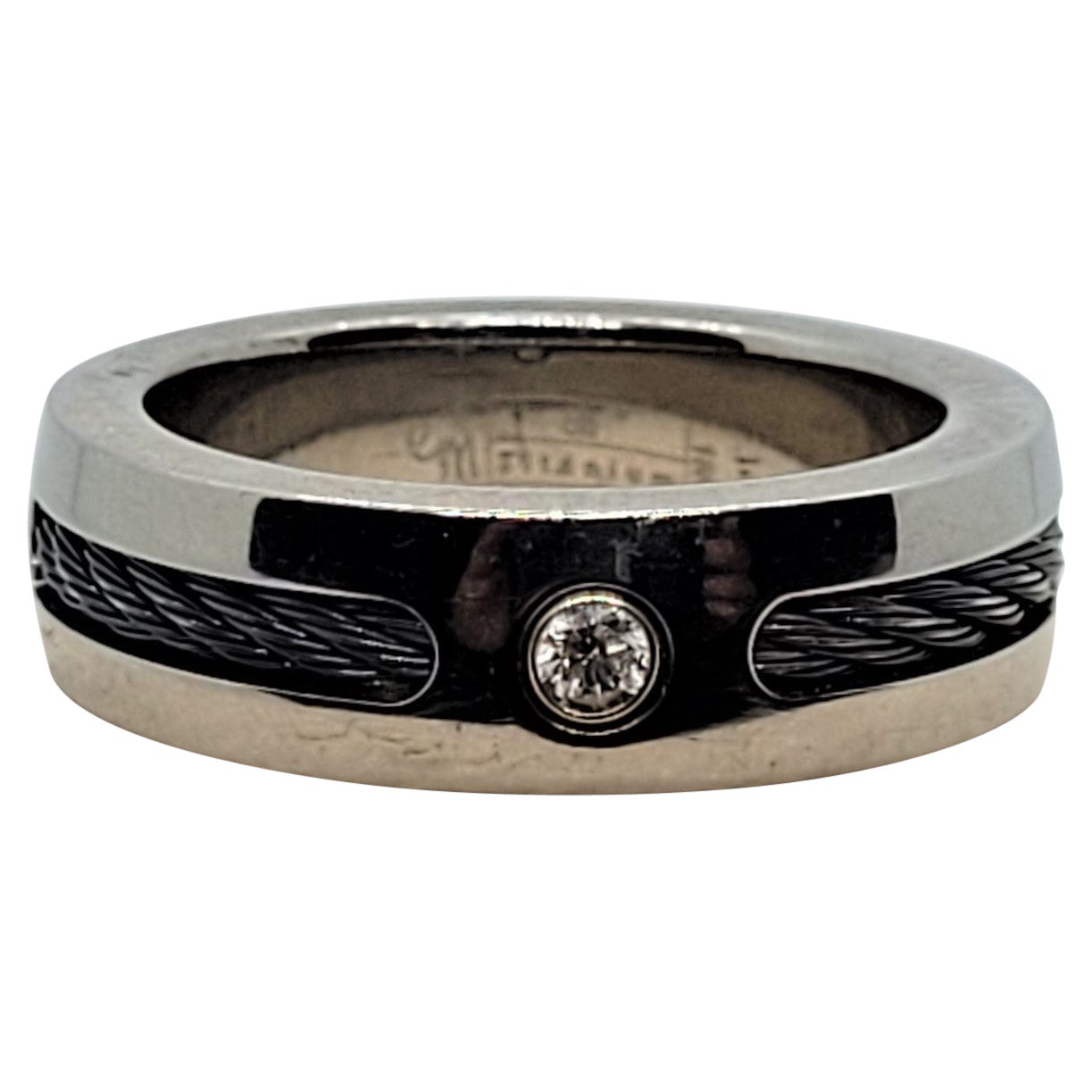 18kt Gelbgold Herrenband mit 0,05ct Diamant-Lünette aus Titan und schwarzem Seil