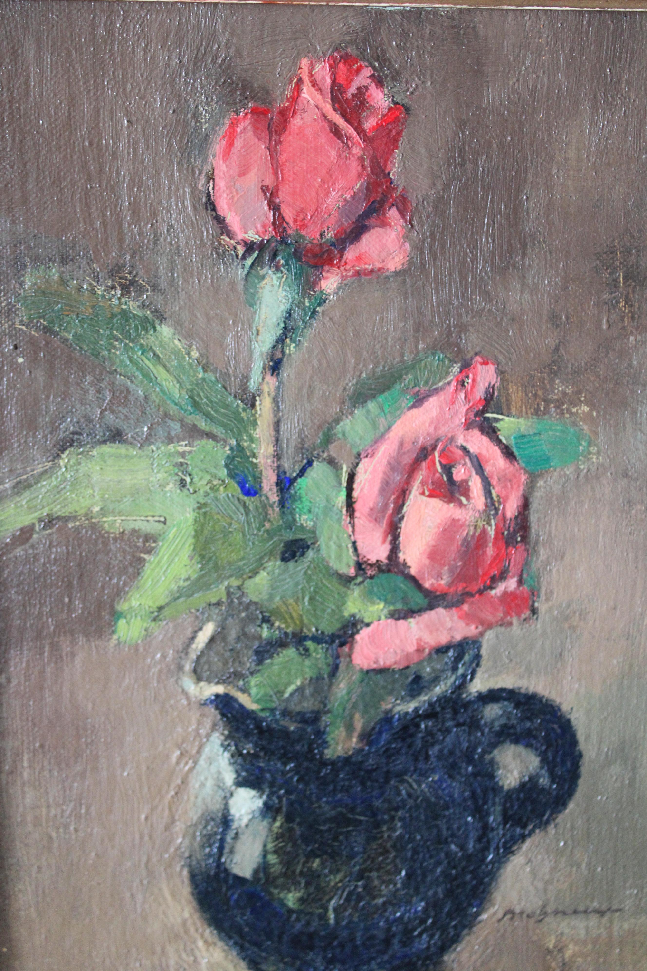 Exceptional post impressionist roses still life oil painting by re-known artist, Edward Molyneux (1891-1974) signed in the lower right, 'Molyneux'.  Edward was a well known, high society British couturier (see photo and more info below).  This