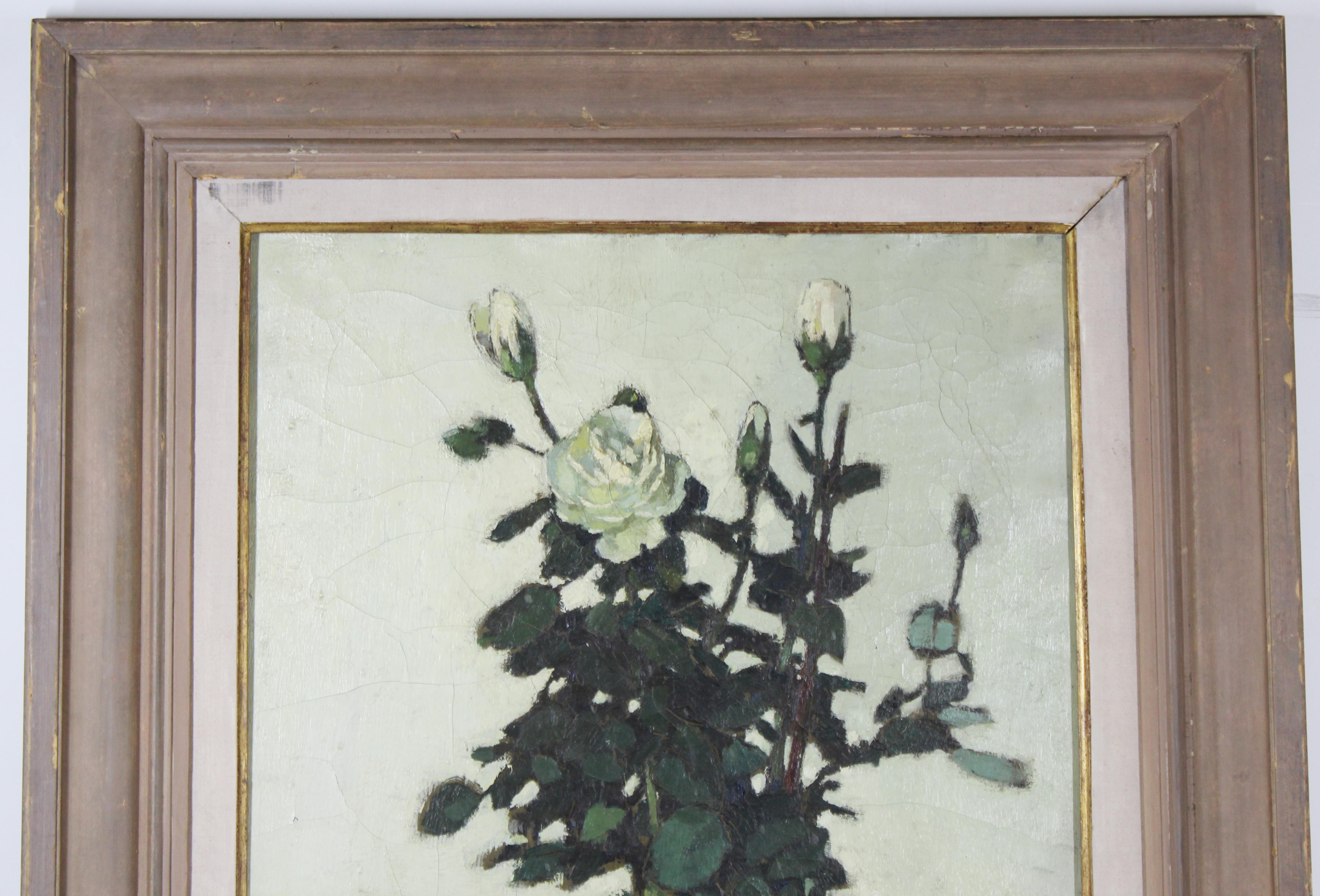 Modern oil on canvas painting of a still life with potted roses, painted by famed Modernist British fashion designer and artist Edward Henry Molyneux (London 1891-Monte Carlo 1974).
Molyneux painted throughout his life and had exhibitions of his