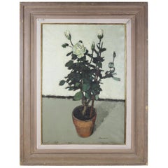 Vintage Edward Molyneux Still Life with Potted Roses Oil Painting