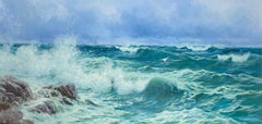 Oil painting of  the High Tide Near Tenby, English late 19th century landscape