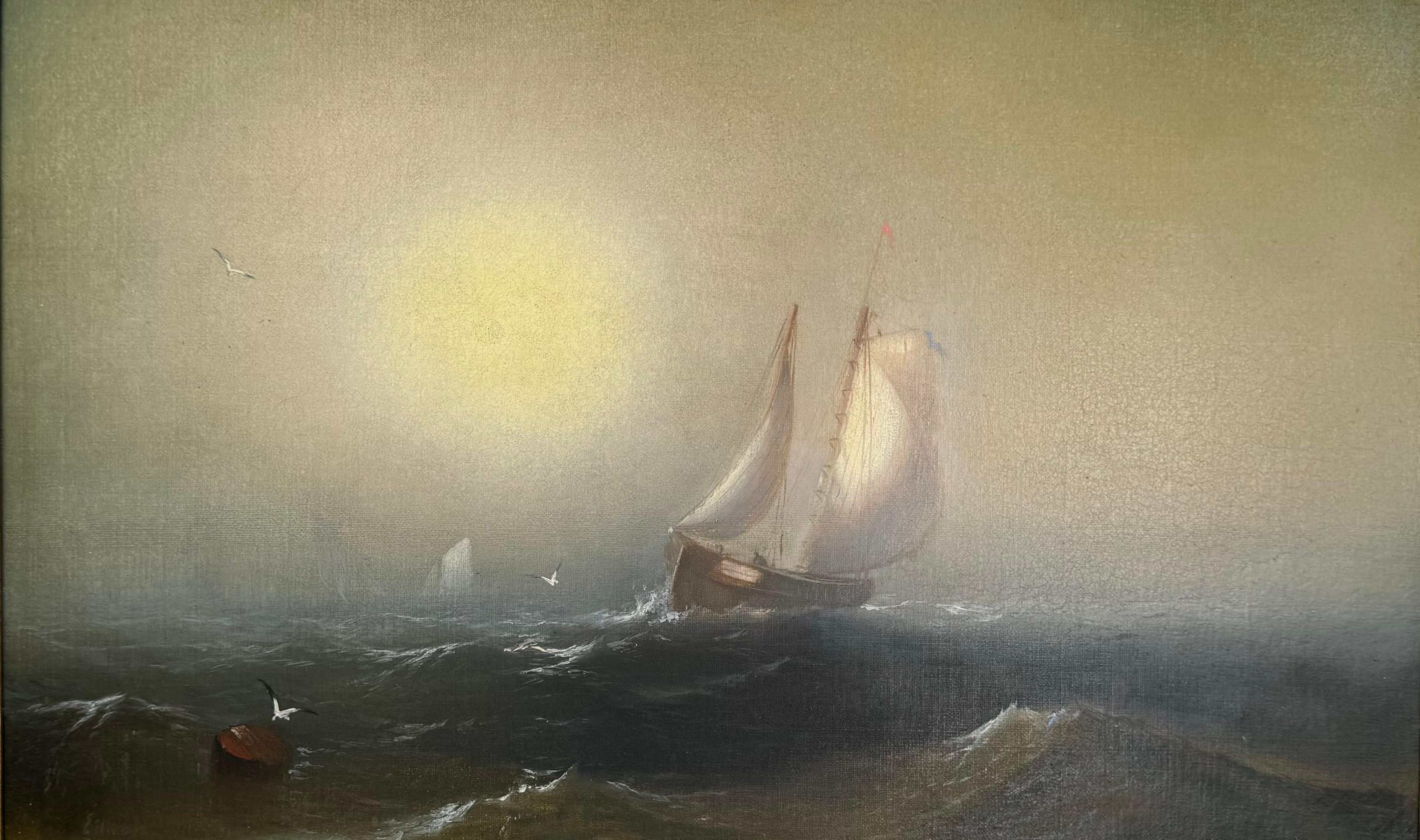 BLAZING Luminous SUNRISE Antique Marine Seascape Painting w/ SAILBOATs (peinture marine avec des bateaux à voile) en vente 10