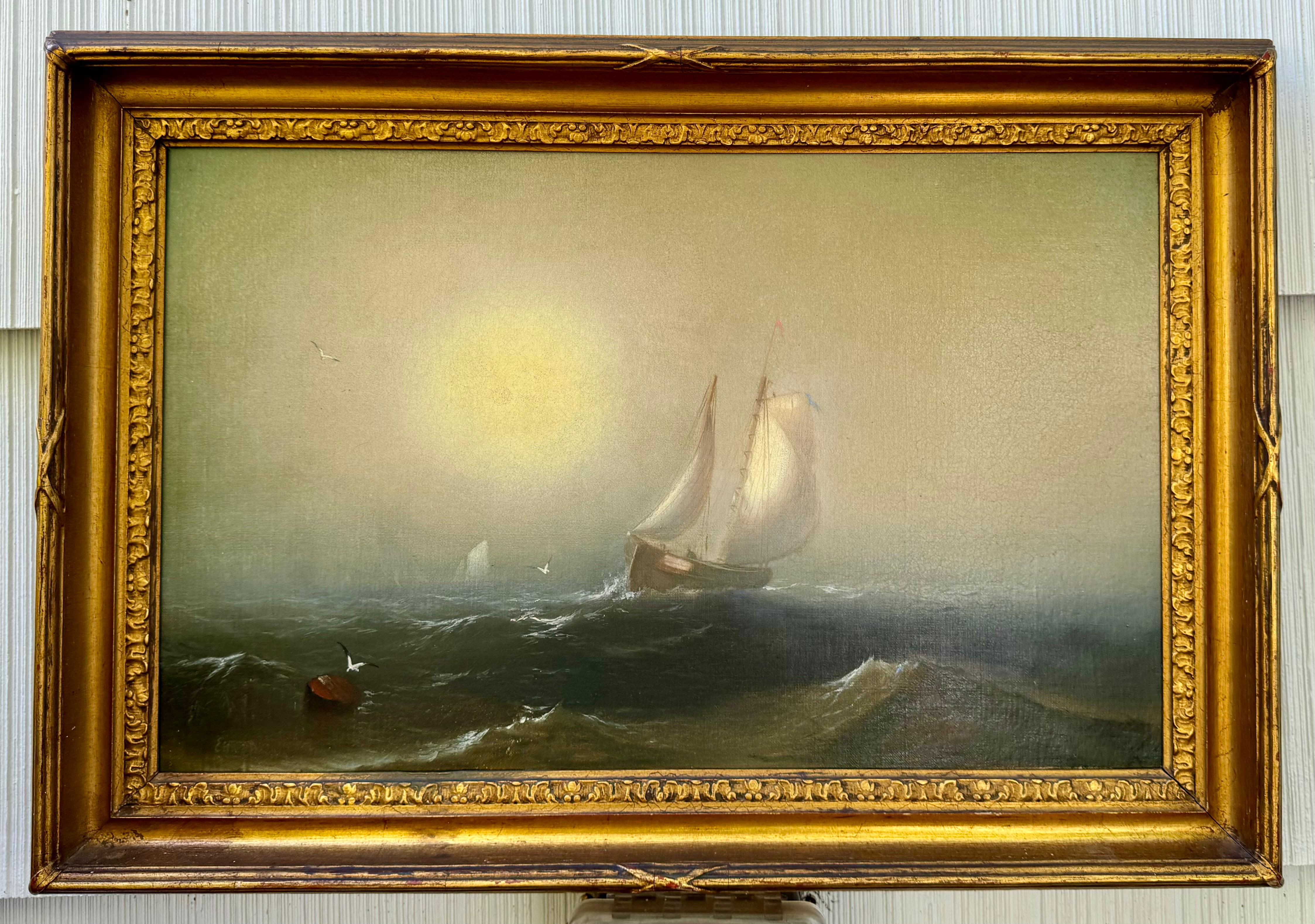 BLAZING Luminous SUNRISE Antique Marine Seascape Painting w/ SAILBOATs (peinture marine avec des bateaux à voile) - Beige Landscape Painting par Edward Moran
