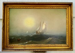 BLAZING Luminous SUNRISE Antique Marine Seascape Painting w/ SAILBOATs