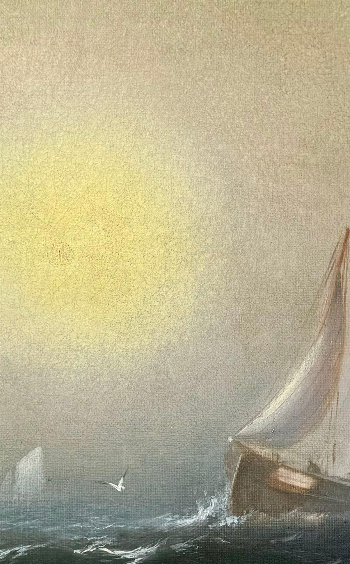 BLAZING Luminous SUNRISE Antique Marine Seascape Painting w/ SAILBOATs (peinture marine avec des bateaux à voile) en vente 1