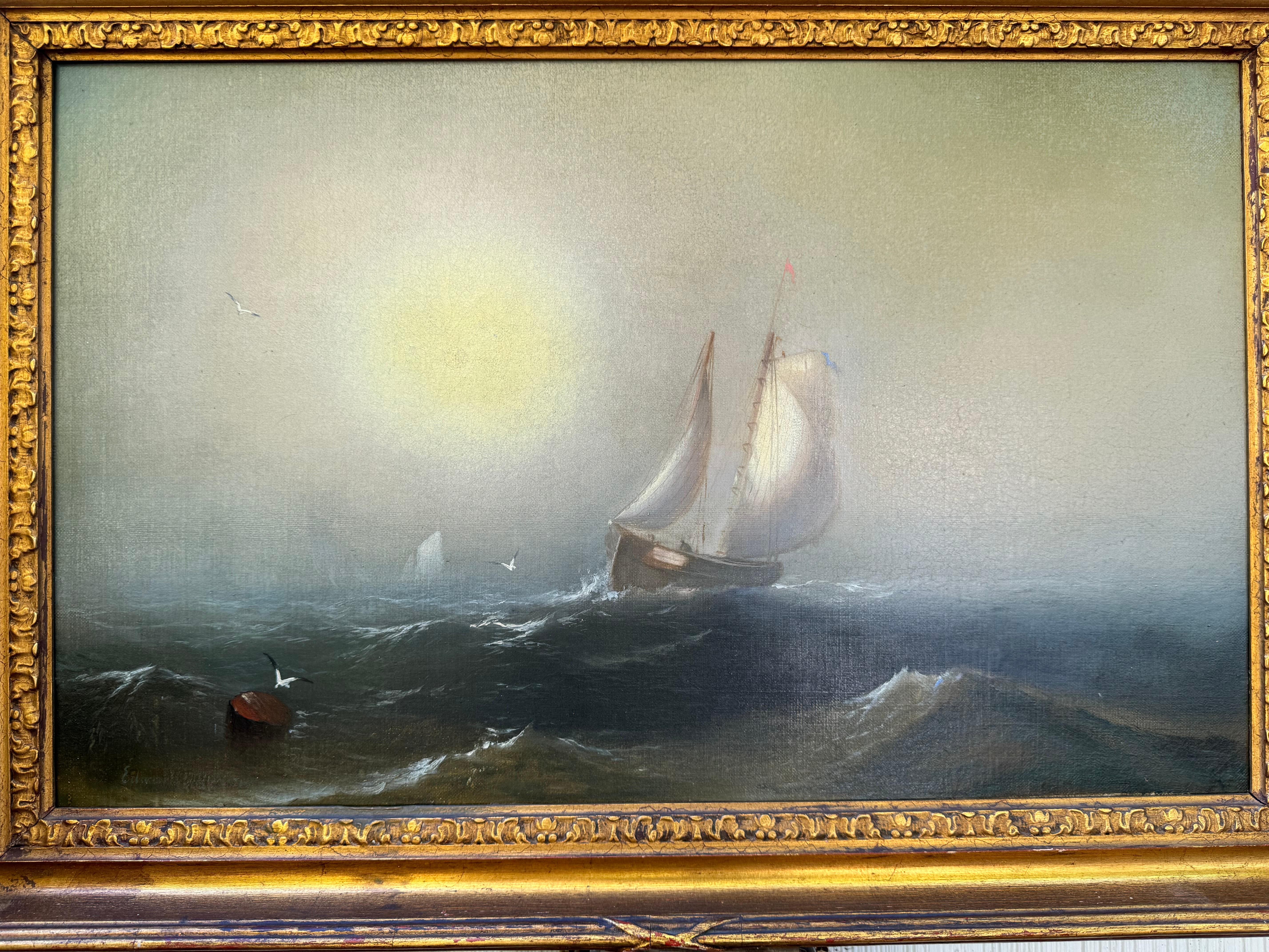 BLAZING Luminous SUNRISE Antique Marine Seascape Painting w/ SAILBOATs (peinture marine avec des bateaux à voile) en vente 2