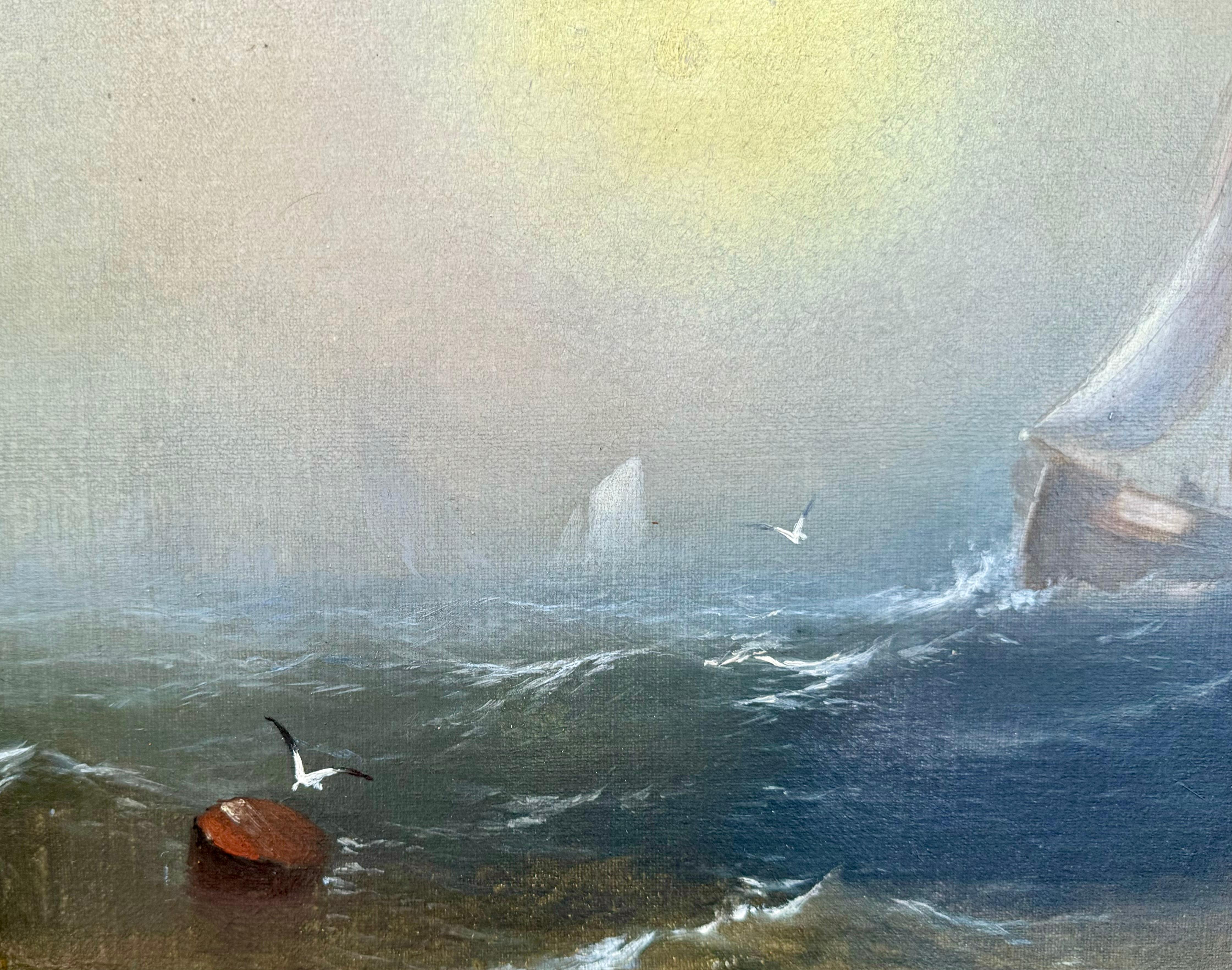 BLAZING Luminous SUNRISE Antique Marine Seascape Painting w/ SAILBOATs (peinture marine avec des bateaux à voile) en vente 3