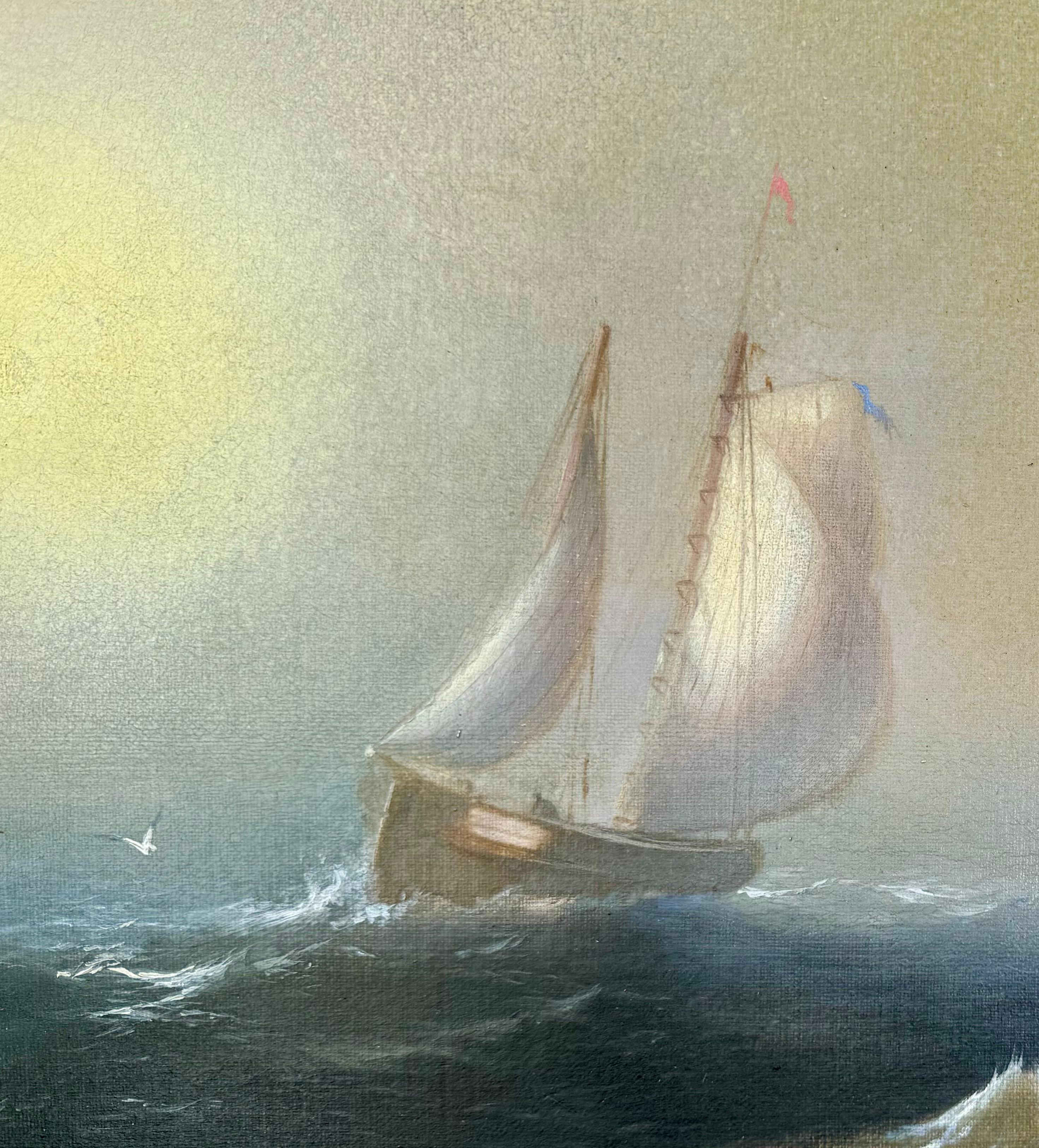 BLAZING Luminous SUNRISE Antique Marine Seascape Painting w/ SAILBOATs (peinture marine avec des bateaux à voile) en vente 4