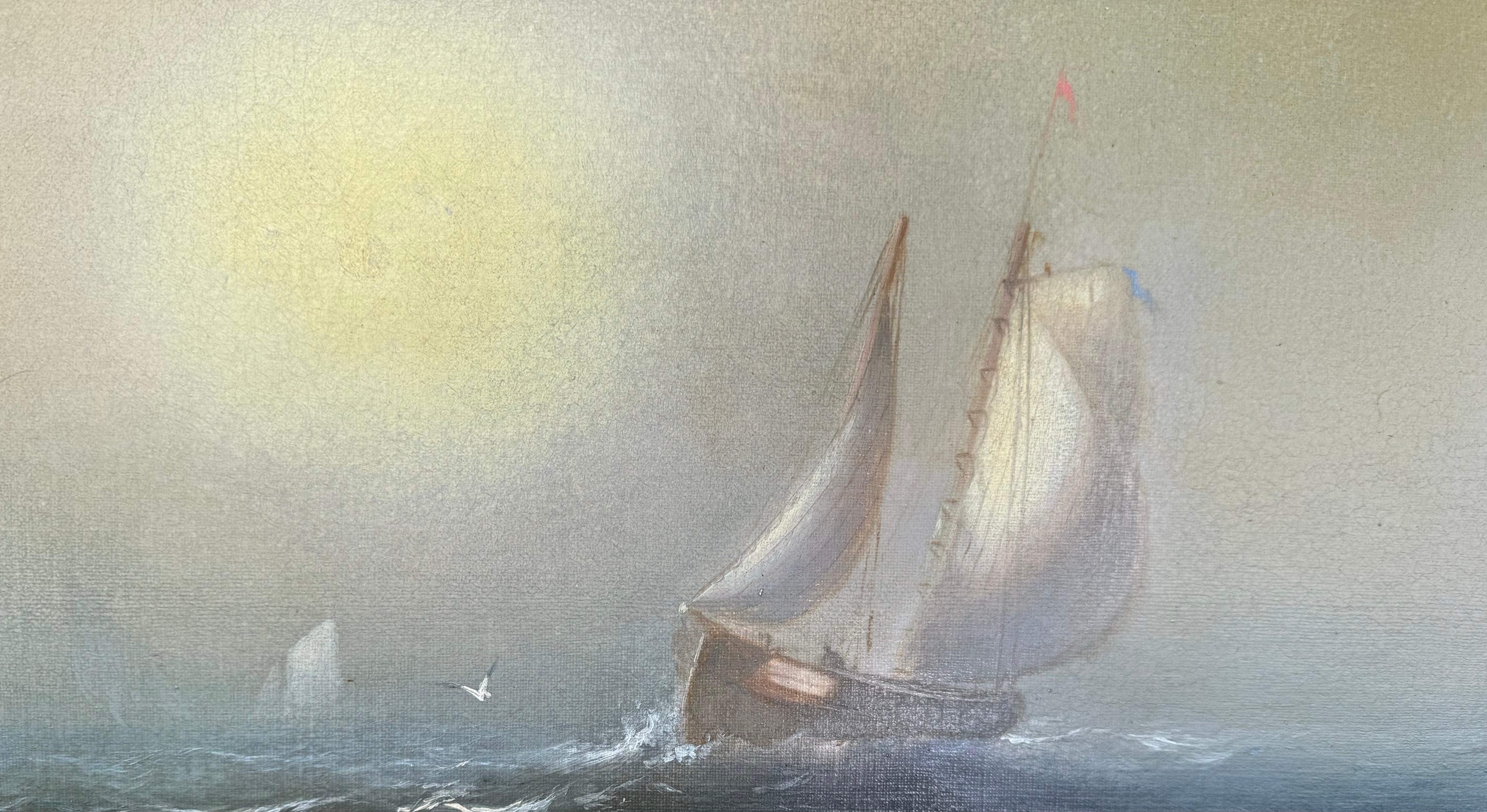 BLAZING Luminous SUNRISE Antique Marine Seascape Painting w/ SAILBOATs (peinture marine avec des bateaux à voile) en vente 6
