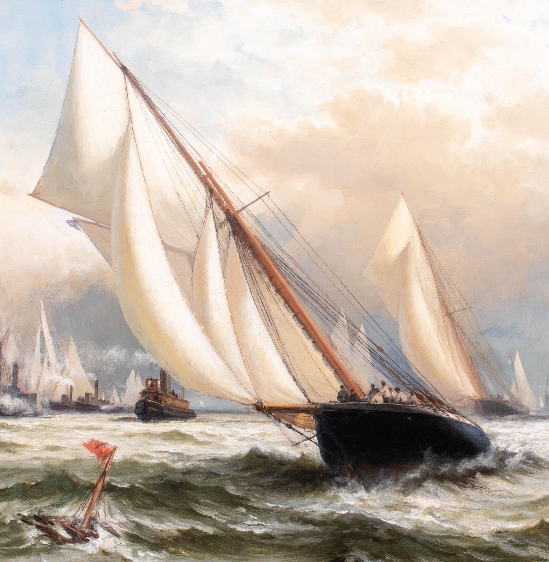 Questo impressionante dipinto di Edward Moran rende giustizia all'epica sfida dell'America's Cup del 1885.  Il punto di vista di Moran cattura l'enormità della giornata per i regatanti e i progettisti di yacht di tutto il mondo.  Questo resoconto