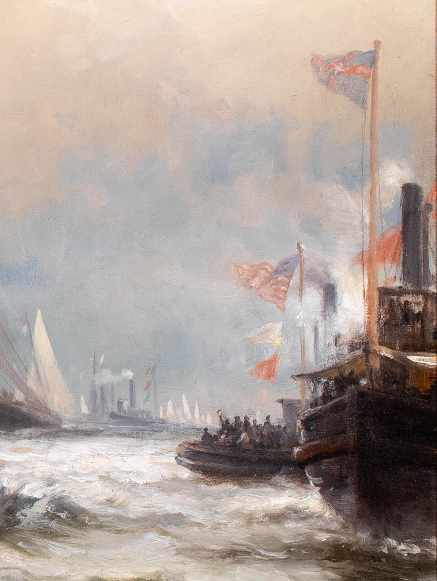 This impressive painting by Edward Moran does justice to the epic America’s Cup Challenge of 1885.  Moran’s point of view captures the day’s enormity to the world’s yacht racers and designers.  This account portrays PURITAN’s second and decisive