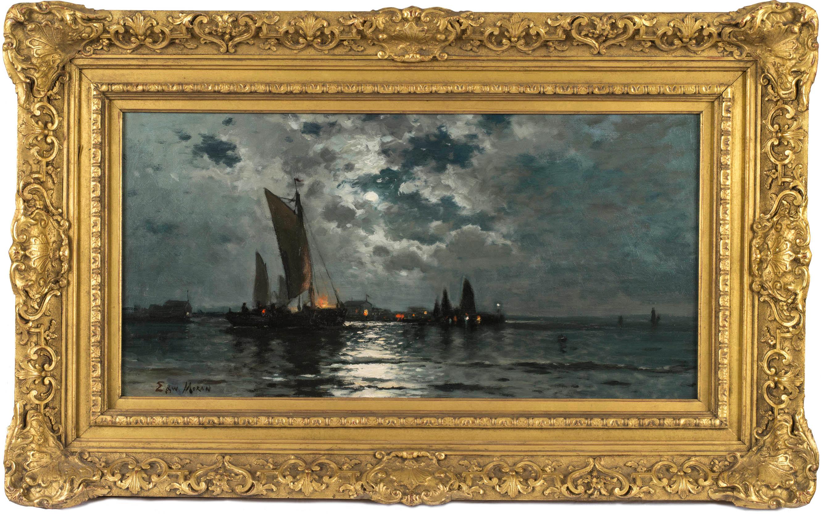 Edward Moran (1829-1901)
Ships in Moonlight
Oil on canvas
12 x 24 inches
Signed Edw Moran at lower left
