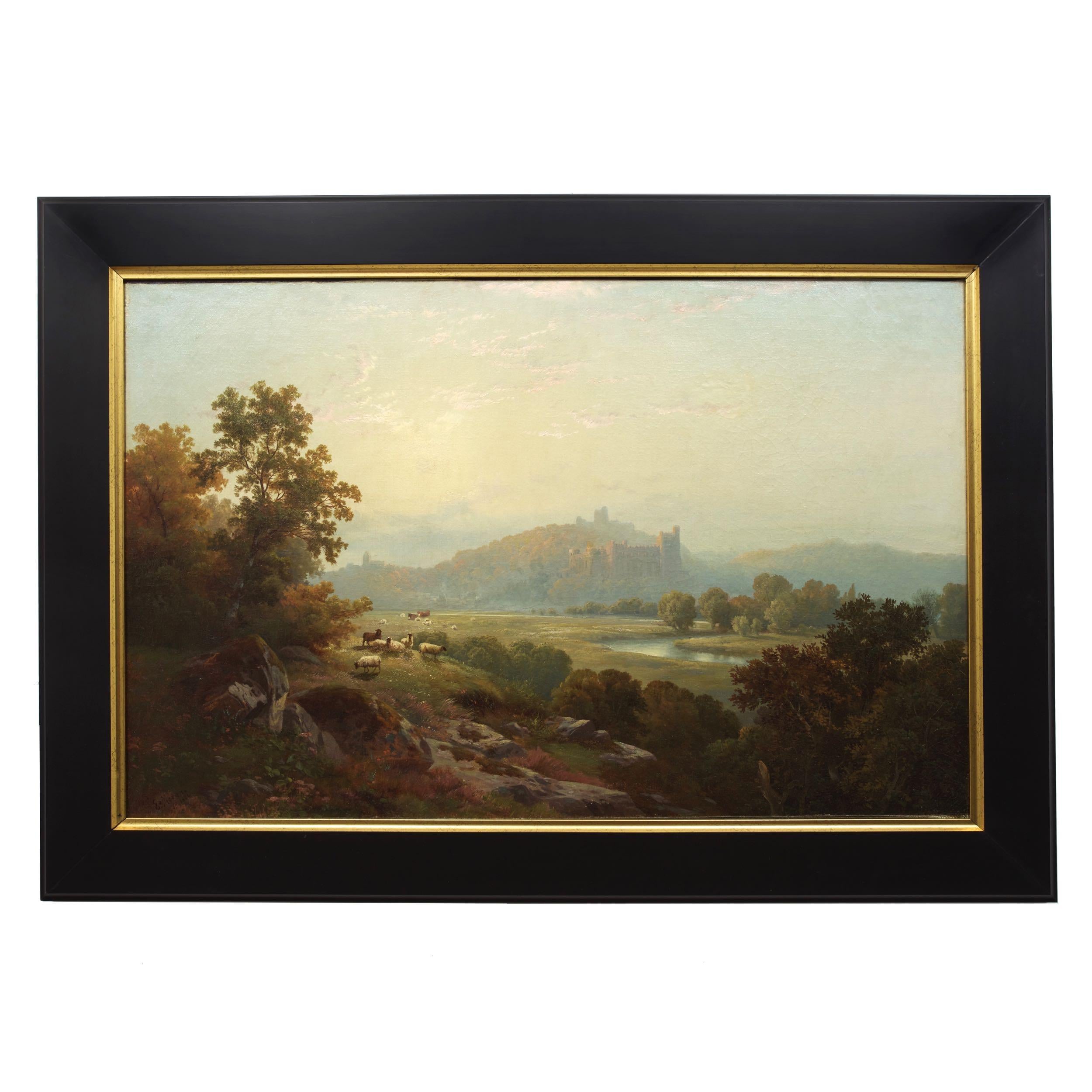 An exquisite landscape painting from relatively early in his career, this vibrant view of the fields before Arundel Castle depicts grazing sheep and cattle before the winding river Arun in the golden hour as evening closes in. There is a heavy